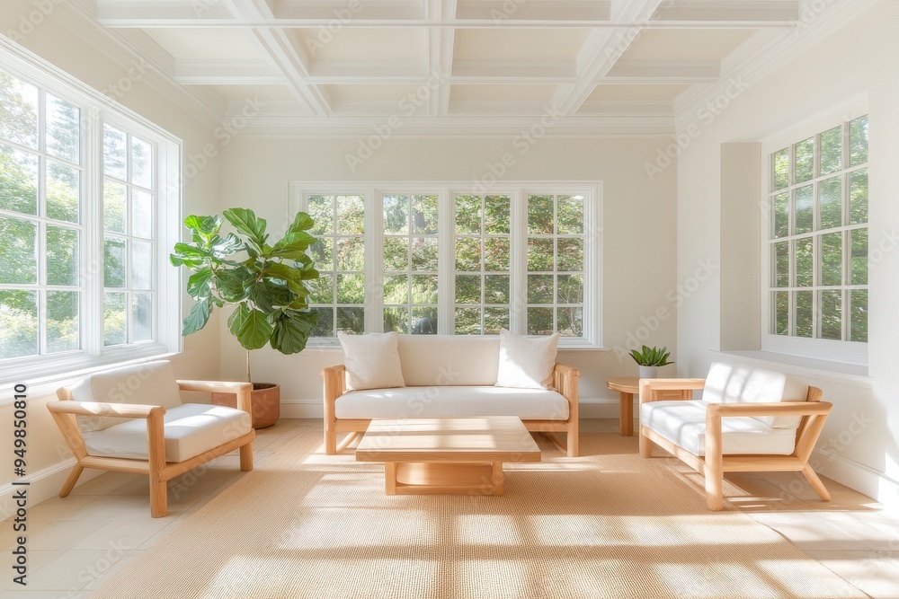 Fototapeta premium Tranquil Scandinavian Sunroom with Light Wooden Furniture, Natural Plants, and Large Windows