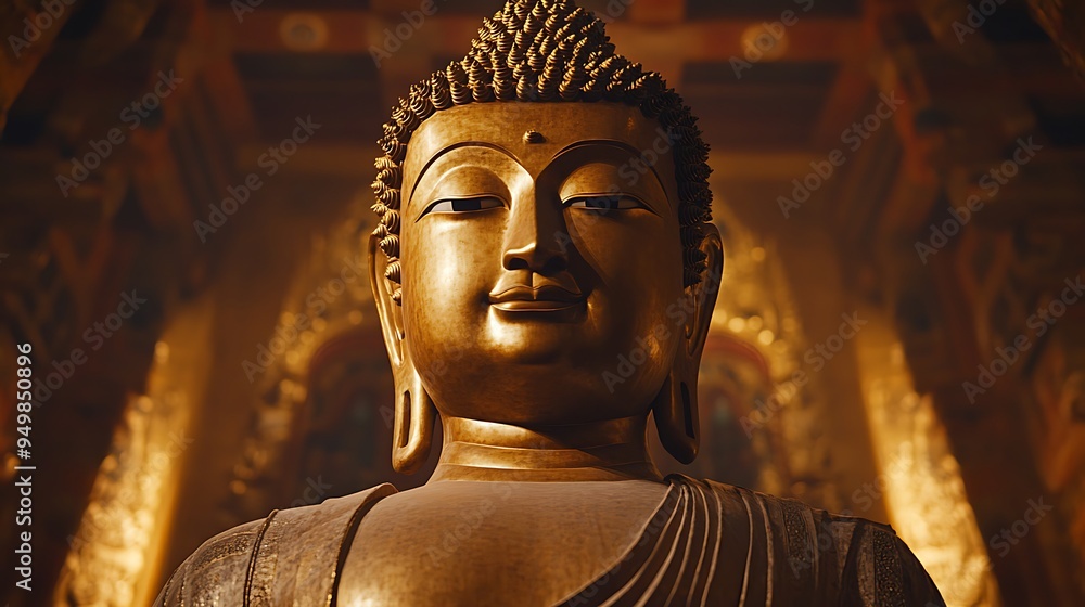 Serene Golden Buddha Statue in Ancient Temple bathed in Soft Ambient Light, Exuding a Spiritual Aura Serene Golden Buddha Statue in Ancient Temple bathed in Soft Ambient Light, Exuding a Spiritual Aura