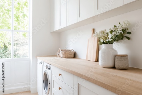 Minimalist Scandinavian Laundry Room with White Cabinetry and Wooden Countertops