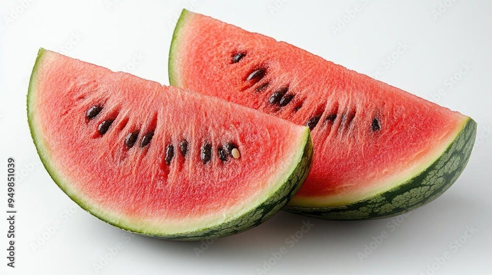 A juicy, sliced watermelon with vibrant red flesh on a white surface A juicy, sliced watermelon with vibrant red flesh on a white surface
