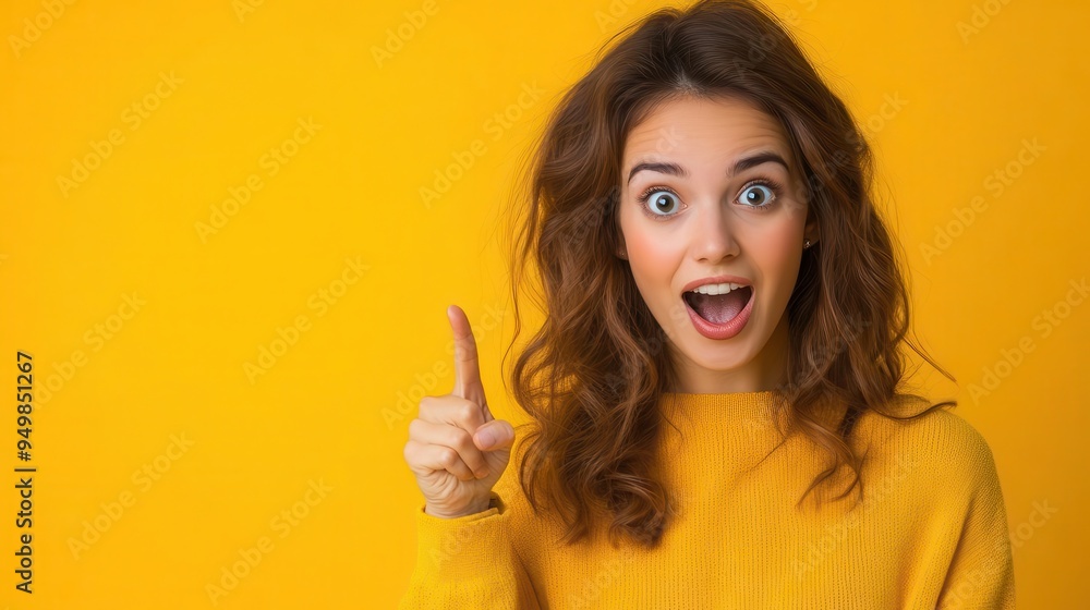 Woman with surprised expression pointing up, yellow background. Woman with surprised expression pointing up, yellow background.