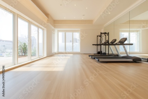 Minimalist Scandinavian Home Gym with Functional Design and Light Wood Floors