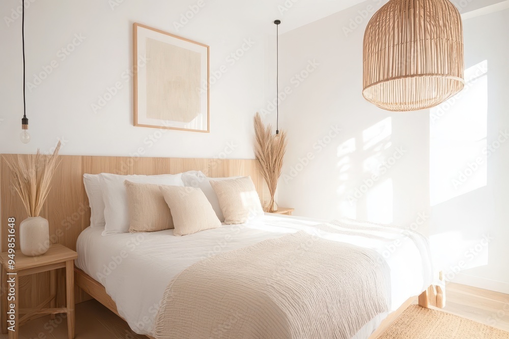Fototapeta premium Modern Scandinavian Guest Suite: Cozy Minimalism with Wooden Furniture and Neutral Tones