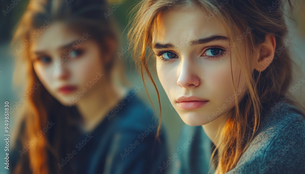 Obraz premium Compassionate Mother Comforting Depressed Teenage Daughter: Emotional Support for Adolescent Mental Health. Minimalist Illustration of Family Bond During Youth Crisis. Powerful Concept for Awareness C