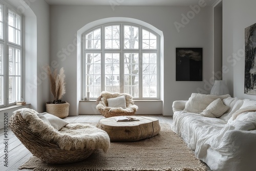 Modern Scandinavian Minimalist Living Room with Cozy Neutral Tones and Light Wood Furniture for a Relaxing Atmosphere