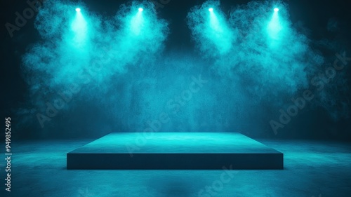 Dramatic stage with teal lighting and mist, perfect for performances, presentations, or promotional events. photo