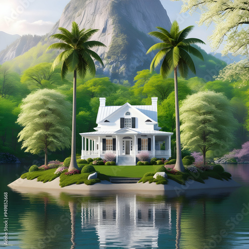 Tropical Island with Toy House, Beautiful and charming white phoenix in American style, mythical beauty and artistic flair, Generative Ai photo