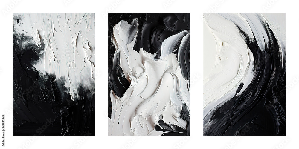 set of three stylish black and white abstract oil painting on canvas ...
