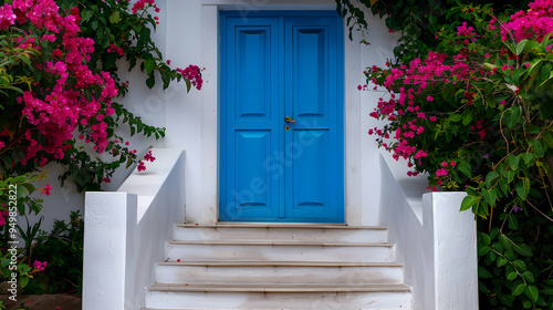 Fototapeta Naklejka Na Ścianę i Meble -  White House With Blue Door And Stairs
