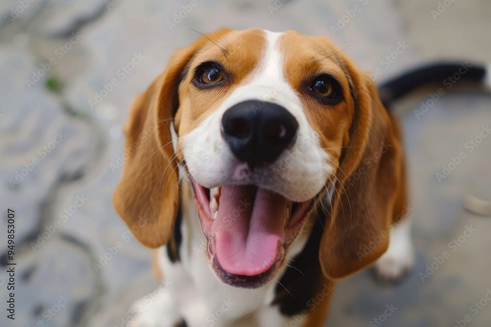 A smiling beagle dog looks up with bright eyes, exuding happiness and a friendly personality in a delightful pose, cheerful beagle wagging its tail, Ai generated A smiling beagle dog looks up with bright eyes, exuding happiness and a friendly personality in a delightful pose, cheerful beagle wagging its tail, Ai generated