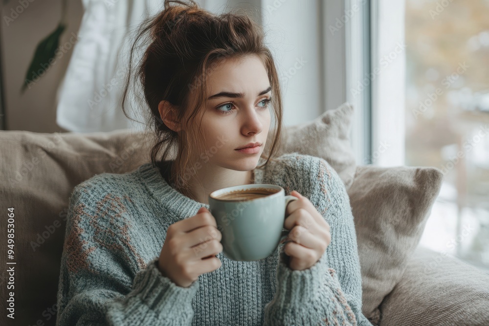 Depressed young woman thinking about her problems while drinking coffee on sofa at home Depressed young woman thinking about her problems while drinking coffee on sofa at home