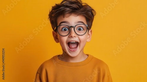Excited boy with glasses on yellow background.