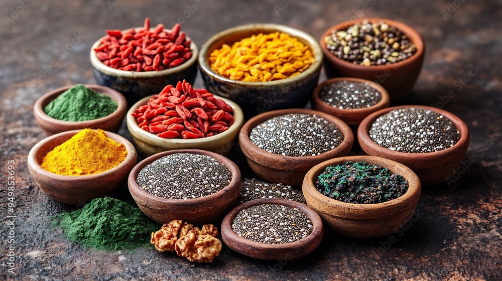 Vibrant display of superfoods including goji berries chia seeds and spirulina powder arranged in small bowls on a rustic table Vibrant display of superfoods including goji berries chia seeds and spirulina powder arranged in small bowls on a rustic table