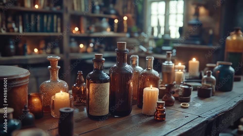 Halloween decoration, wooden desk with vials, flasks and bottles with potions, witch's secret room with magic artifacts and candles on the table, alchemist's workplace, AI generated image Halloween decoration, wooden desk with vials, flasks and bottles with potions, witch's secret room with magic artifacts and candles on the table, alchemist's workplace, AI generated image