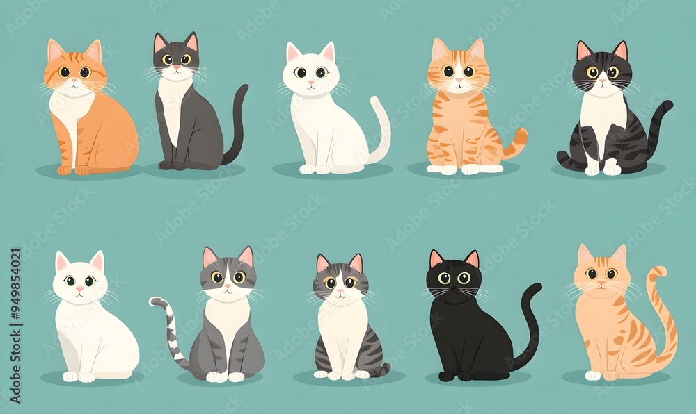 Charming Cartoon Cats in Soothing Turquoise Palette Various Breeds and Expressions Depicted in Whimsical Style Charming Cartoon Cats in Soothing Turquoise Palette Various Breeds and Expressions Depicted in Whimsical Style