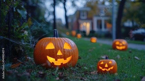 Halloween carved pumpkins on lawn in backyard of abandoned creepy house, traditional autumn decor, jack o lantern ghost with evil face, AI generated image