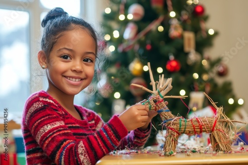 An eight-year-old girl assembles a reindeer out of twigs for Christmas. photo