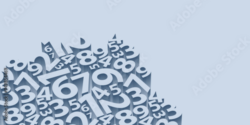 A light blue background design featuring floating mosaic of various numbers with 3D effect and copyspace. The numbers create a dynamic and visually captivating pattern that adds depth and dimension.
