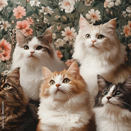 Adorable Feline Companions Surrounded by Delicate Pastel Floral Patterns