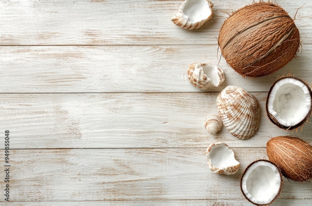 Tropical Summer Still Life with Coconut Shells and Seashells on White Wooden Plank Background Tropical Summer Still Life with Coconut Shells and Seashells on White Wooden Plank Background