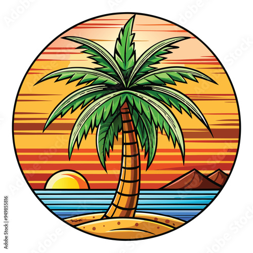 A vector illustration of a palm tree on a island with a sunset