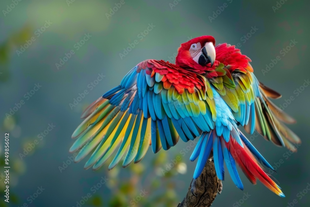 Obraz premium A vibrant parrot perched on a branch, showcasing its colorful feathers against a natural backdrop, A colorful parrot showing off its plumage, AI generated