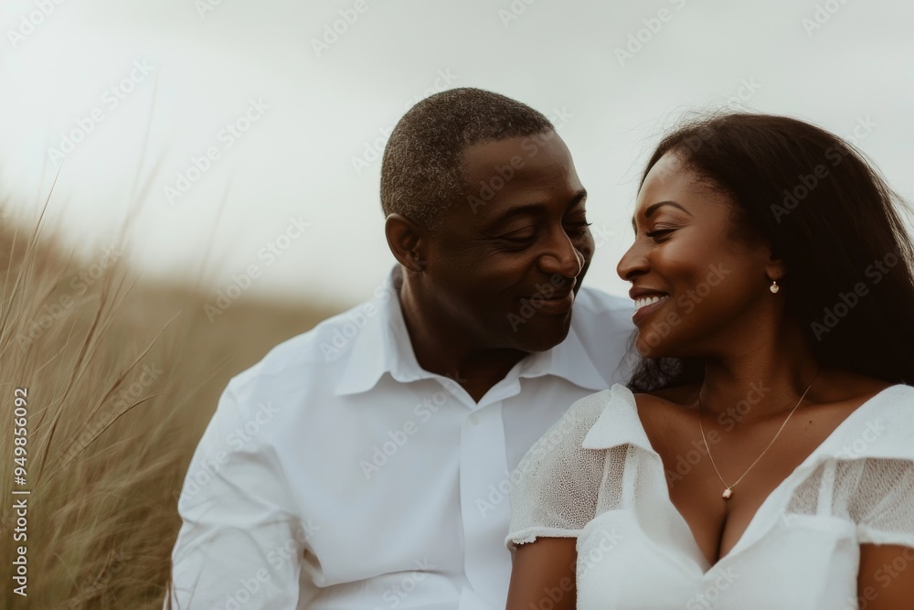An older couple sitting on a remote beach in tussock grass with arms around each other. An older couple sitting on a remote beach in tussock grass with arms around each other.