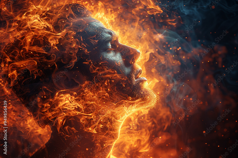 Fototapeta premium Human face merging with fire and smoke generative ai concept
