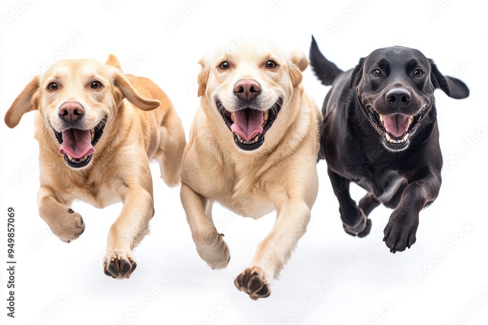 Energetic Collection of Happy Labrador Retriever Dogs Running with Joy on white Background Energetic Collection of Happy Labrador Retriever Dogs Running with Joy on white Background