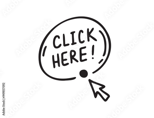 Click here doodle button. Hand drawn sketch cursor icon. Web site register Freehand drawing style