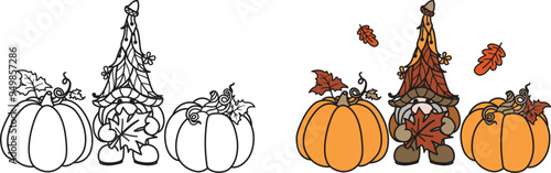 Groovy cute autumn harvest gnome holding maple leaf standing next to pumpkins, with editable thickness of the lines for coloring page or design element.. Vector illustration.
