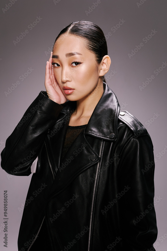Naklejka premium Asian woman, fashion, black leather jacket, hand to face a stylish asian woman poses in a black leather jacket while gracefully holding her hand to her face