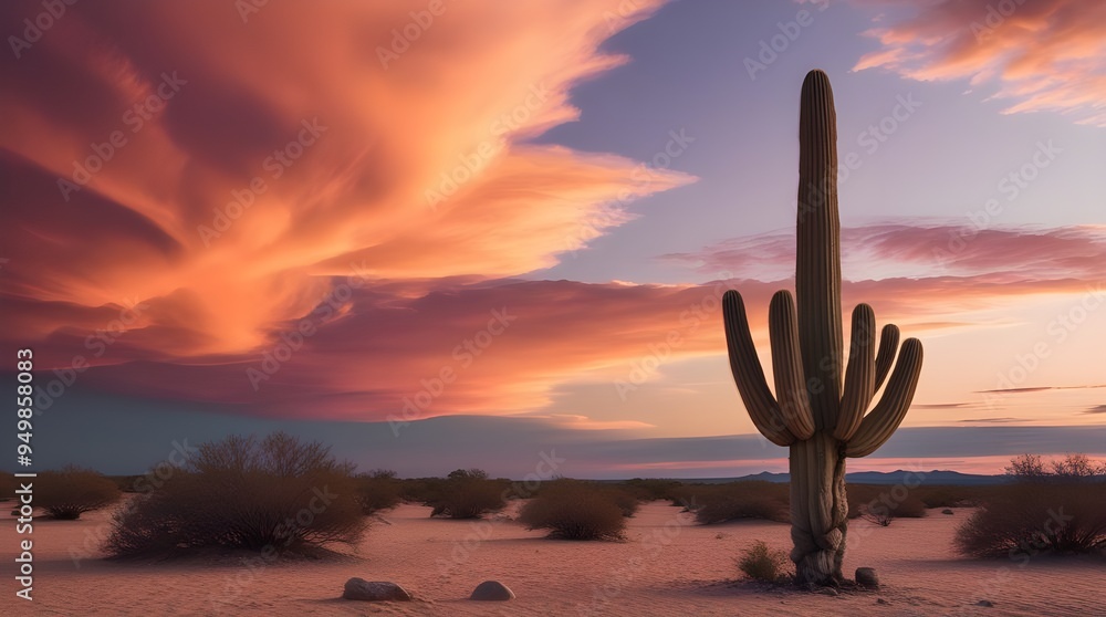 A serene desert landscape at dusk, with a majestic, columnar cactus standing solo against a breathtaking sky, where warm, vibrant shades of burnt orange, coral pink, and majestic purple hues blend har A serene desert landscape at dusk, with a majestic, columnar cactus standing solo against a breathtaking sky, where warm, vibrant shades of burnt orange, coral pink, and majestic purple hues blend har