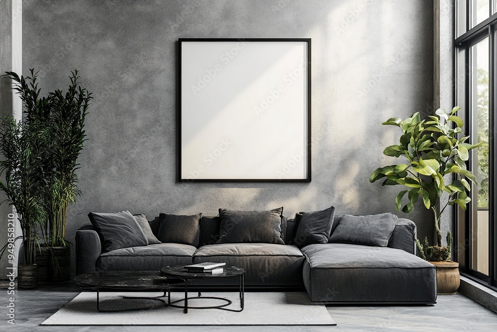 Mockup poster frame on the wall of living room. Luxurious apartment background with contemporary design. Modern interior design. 3D render, 3D illustration..generative ai Mockup poster frame on the wall of living room. Luxurious apartment background with contemporary design. Modern interior design. 3D render, 3D illustration..generative ai