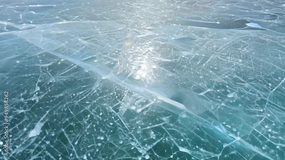 Exploring the intricate patterns on a smooth ice surface reflecting sunlight in a frozen landscape