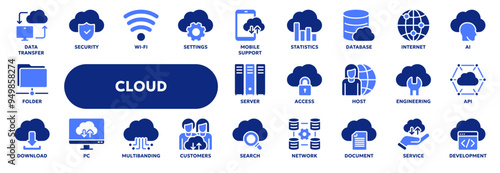 Set of vector solid icons related to cloud computing technology and web file storage. Symbols for website or app ui, logo design, illustration