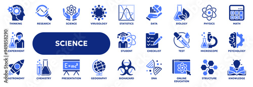 Set of vector solid icons related to science lab equipment, chemistry and medicine. Symbols for website or app ui, logo design, illustration