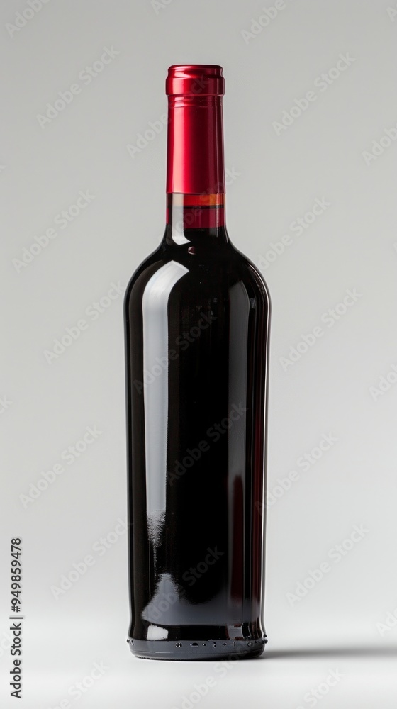 A tall, slim wine bottle in dark red stands empty against a white-gray gradient backdrop, highlighted by its reflective surface. A tall, slim wine bottle in dark red stands empty against a white-gray gradient backdrop, highlighted by its reflective surface.