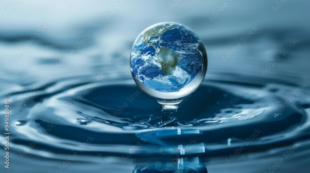 A serene image: Earth-like sphere in a water droplet on calm waters, reflects peace and unity with ripples in the background. A serene image: Earth-like sphere in a water droplet on calm waters, reflects peace and unity with ripples in the background.