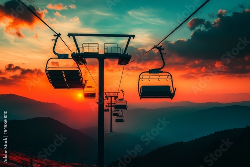 This photo shows a chairlift in Astun resort in the Pyrenees, Spain. photo