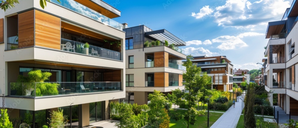 Image: Modern apartment complex with buildings, balconies, wooden decor, landscaping, large lawn, path, blue sky. Image: Modern apartment complex with buildings, balconies, wooden decor, landscaping, large lawn, path, blue sky.