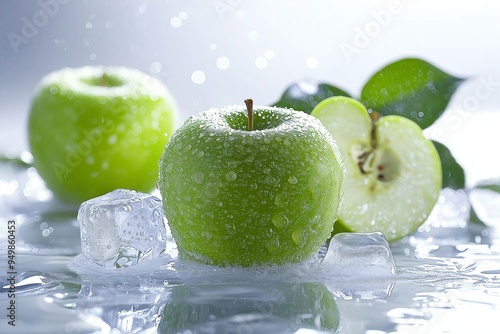 green apple and slices with melting ice cubes and water splashes effects . aspect ratio 3:2 photo