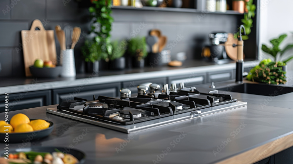 Sleek stovetop in a contemporary kitchen setting, accented with plants and cooking utensils, showcasing modern design and functionality. Sleek stovetop in a contemporary kitchen setting, accented with plants and cooking utensils, showcasing modern design and functionality.