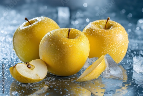 yellow apple and slices with melting ice cubes and water splashes effects . aspect ratio 3:2 photo