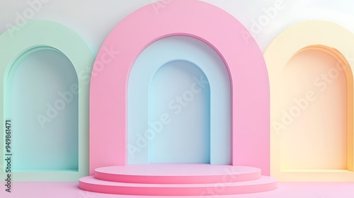 Colorful archway with podium, pastel colors.