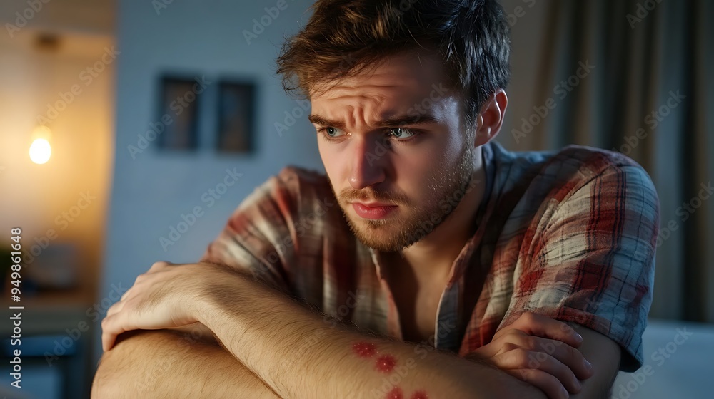 Fototapeta premium Concerned Person Examining Monkeypox Rash on Arm with Indoor Lighting - Close-up Self-Examination