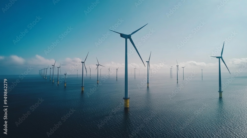 Aerial view of a wind farm in the Netherlands, with wind turbines in the water. The sky is blue and there are clouds in the background. The wind turbines are generating clean energy. Aerial view of a wind farm in the Netherlands, with wind turbines in the water. The sky is blue and there are clouds in the background. The wind turbines are generating clean energy.