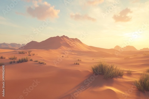 The desert landscape at sunset against the mountains under a blue sky is illustrated with generative IA illustrations