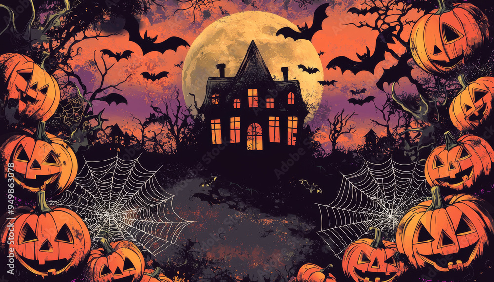 Fototapeta premium Halloween Spooky House with Jack-o'-lanterns and Bats