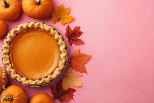 Traditional pumpkin pie with autumn leaves on pink background